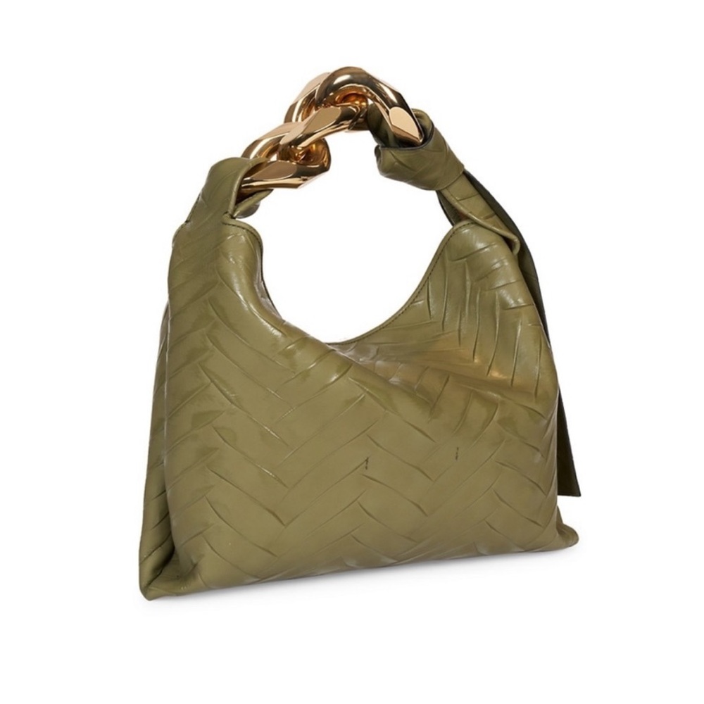 JW ANDERSON Olive Green Woven Leather Hobo with Gold Chain